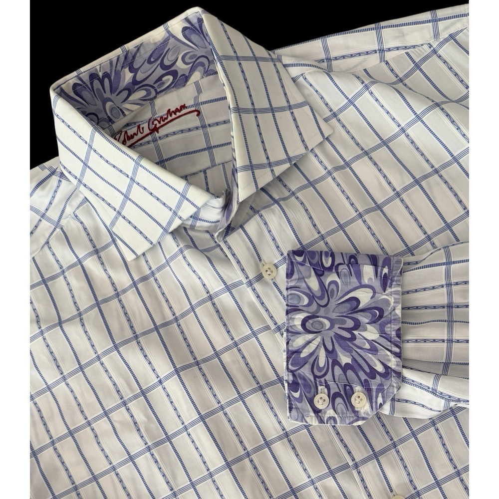 Robert Graham Men Shirt 2XL White Purple Check Flip Cuff Floral Cutaway Collar